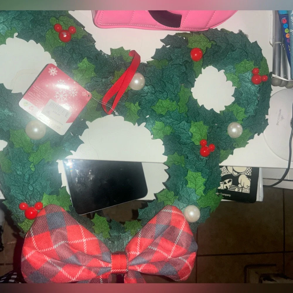 Disney Parks Mickey Festive Green and Red Holiday Christmas Wreath